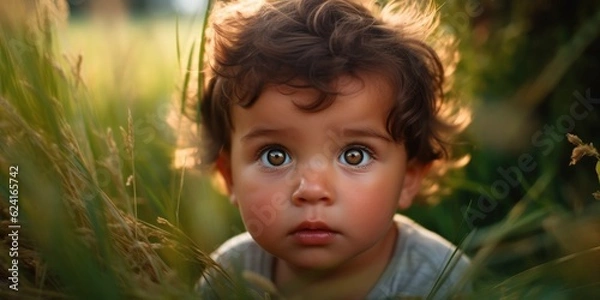 Fototapeta Portrait of a cute little boy lying on the grass in the park. Portrait of a cute little boy lying in the grass and looking at the camera.