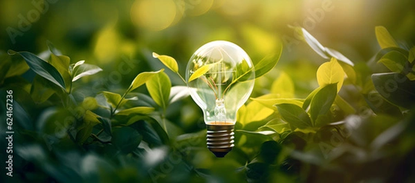 Fototapeta Hand holding light bulb against nature on green leaf with energy sources, Sustainable developmen and responsible environmental, Energy sources for renewable, Ecology concept.