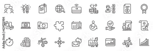 Obraz Icons pack as Recovery computer, E-mail and Approved checkbox line icons for app include Teamwork, Timer, People chatting outline thin icon web set. Puzzle, Graph chart, Reward pictogram. Vector