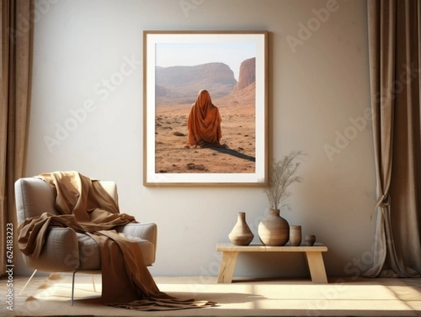 Fototapeta Desert Elegance: AI-Generated Mockup of Minimalist Interior with E-Frame and Wall Art