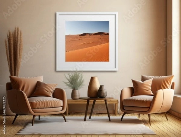 Fototapeta Desert Elegance: AI-Generated Mockup of Minimalist Interior with E-Frame and Wall Art