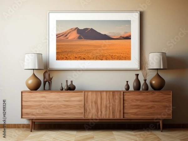 Fototapeta Desert Elegance: AI-Generated Mockup of Minimalist Interior with E-Frame and Wall Art