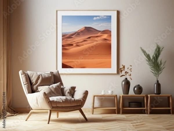 Fototapeta Desert Elegance: AI-Generated Mockup of Minimalist Interior with E-Frame and Wall Art