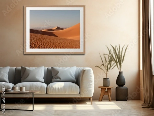 Fototapeta Desert Elegance: AI-Generated Mockup of Minimalist Interior with E-Frame and Wall Art
