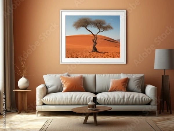 Fototapeta Desert Elegance: AI-Generated Mockup of Minimalist Interior with E-Frame and Wall Art