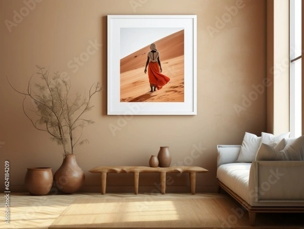 Fototapeta Desert Elegance: AI-Generated Mockup of Minimalist Interior with E-Frame and Wall Art