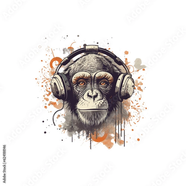 Obraz Illustration of the monkey chimpanzee listening to music with a headset on the head.