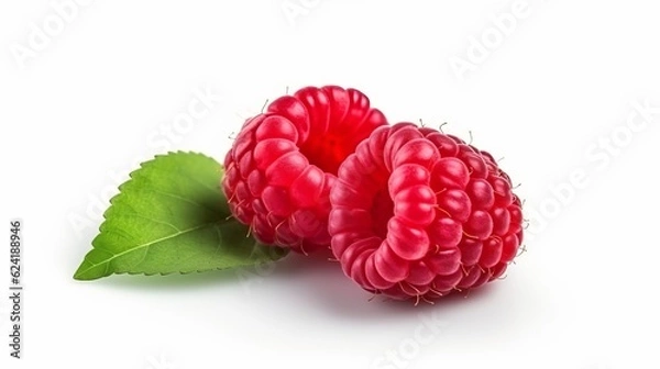 Fototapeta Fresh, juicy, ripe raspberries. On a white background.Generation ai.