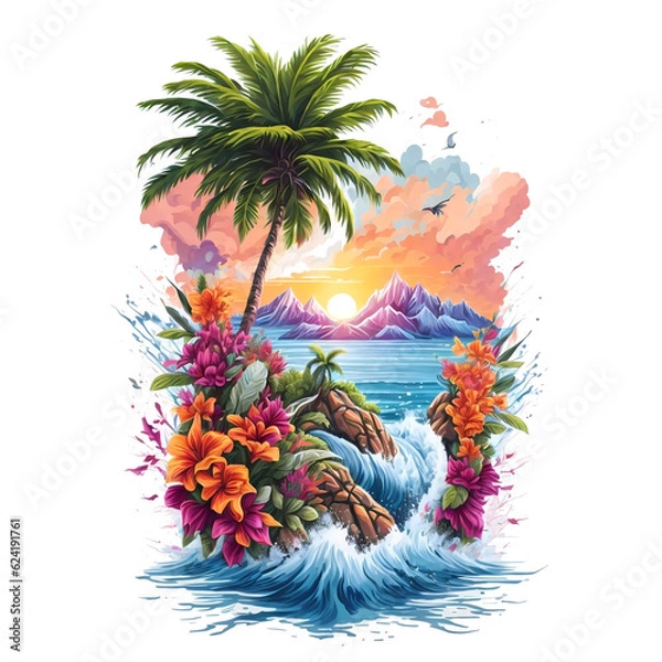 Fototapeta Illustration of a tropical sunset and palm trees on a small vacation island paradise. Art for t shirt print. AI Generative