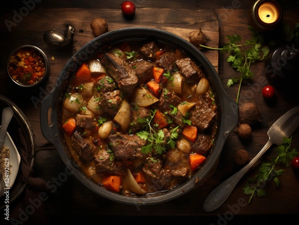 Obraz Savory Symphony: Overhead Image of Beef Stew Simmered with Root Vegetables