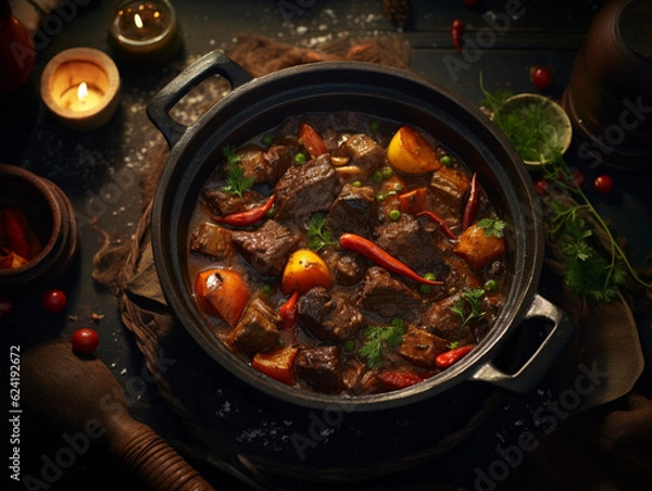Obraz Rustic Rhapsody: Tantalizing Beef Stew Served in a Cast-Iron Pot