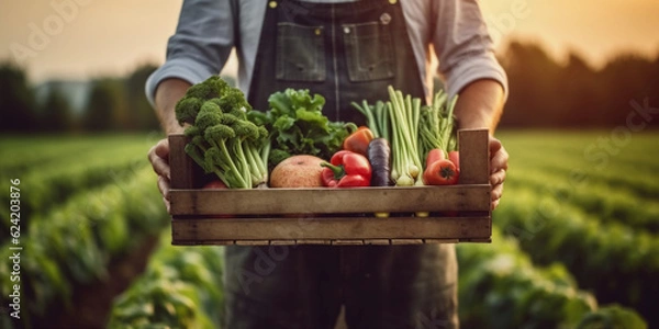 Obraz Farmer holding wooden box full of fresh raw vegetables. healthy food photography. close-up. product photo for restaurant. generative ai