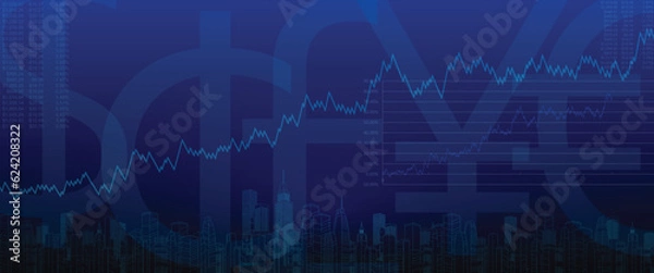 Fototapeta Digital financial illustration global connection, data transmission, currency symbol, finance, stock trading, investment, dark blue background, vector