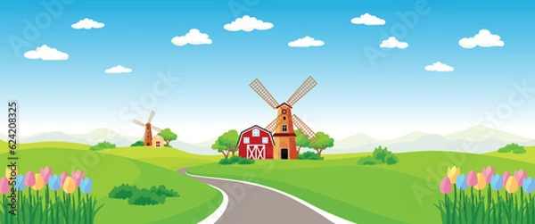 Fototapeta Road scenery house and windmill front view of tulips, meadows, trees and mountains. clear sky. Beautiful nature. Vector illustration.