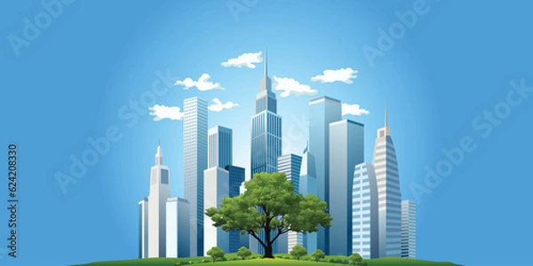 Obraz Scenery of towering skyscrapers In front there are big trees and lawns. clear sky. present era must preserve nature.vector illustration.