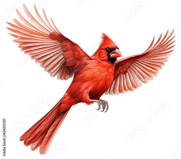 Fototapeta Northern Cardinal Bird in Flight on White Background. AI generated Illustration.
