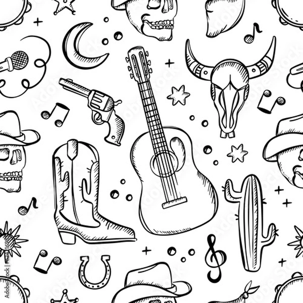 Obraz COWBOY FEST MONOCHROME Various Attributes Of American Cowboy Western Music Festival Colorful Seamless Pattern Vector Illustration Collection For Printable