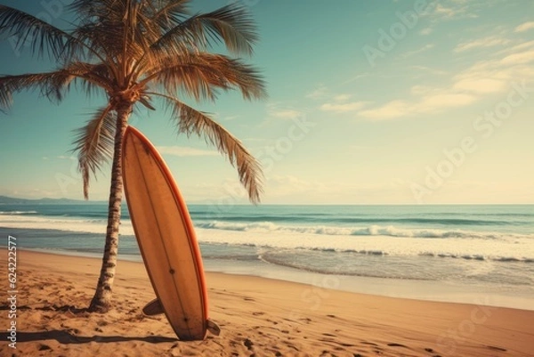 Fototapeta Vintage Surfboard And Palm Tree, Generative AI.