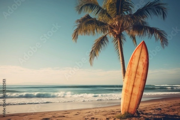 Fototapeta Vintage Surfboard And Palm Tree, Generative AI.