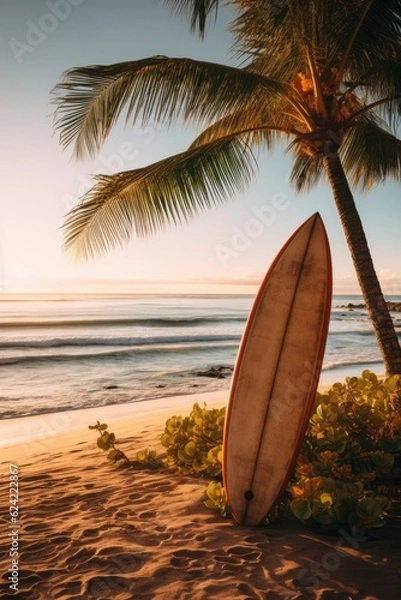 Fototapeta Surfboard And Palm Tree On Beach Background, Generative AI 