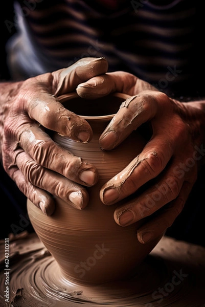 Fototapeta Hands of a potter at work on a clay vase