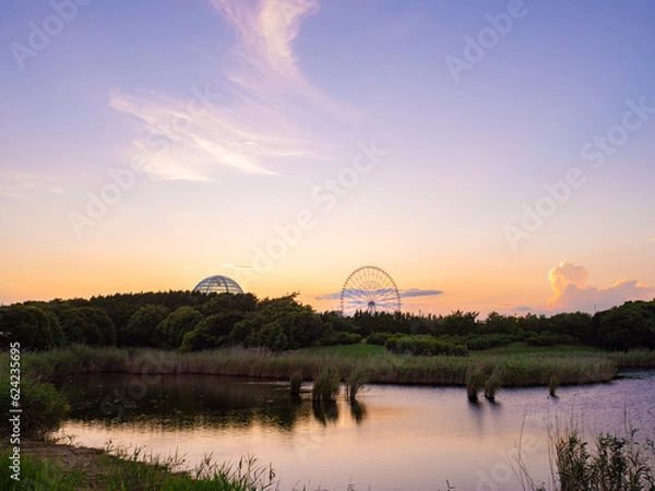 Obraz 初夏の葛西臨海公園 水族館と観覧車の夕景