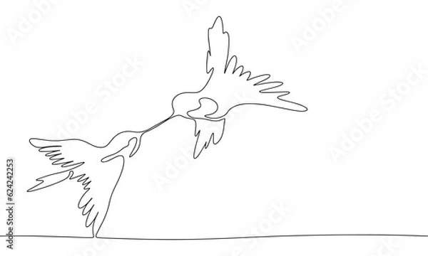 Fototapeta Two love martins. One line continuous Valentines Day banner concept. Line art, outline, minimal vector illustration.