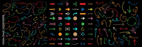 Fototapeta Charcoal hand drawn pencil arrows. Doodle curved chalk darts.Arrow icon. Arrow vector collection. Arrow. Cursor. Vector illustration