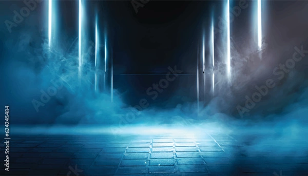 Obraz A dark empty street, dark blue background, an empty dark scene, neon light, spotlights The asphalt floor and studio room with smoke float up the interior texture. night view Vector Illustration