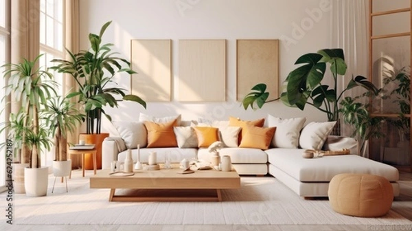 Fototapeta Cozy elegant boho style living room interior in natural colors. Comfortable couch with cushions, many houseplants, wooden coffee table, poster templates on the wall, home decor. Mockup, 3D rendering.