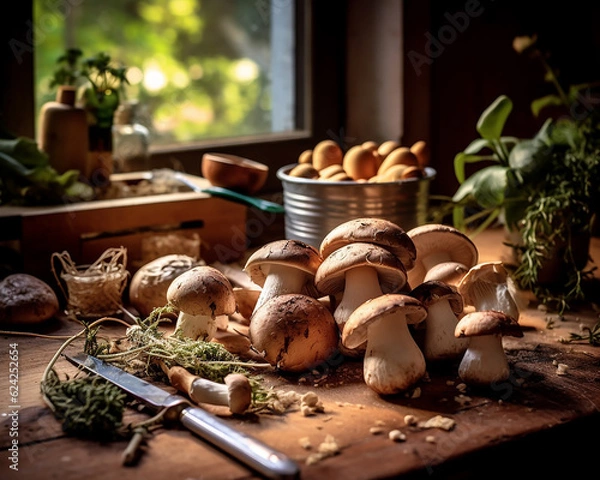 Obraz Rustic Kitchen Scene with Freshly Harvested Mushrooms on a Large Oak Table - Generative AI