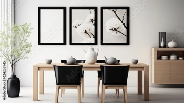 Fototapeta Stylish open space dining room interior in a modern apartment. Wooden table with design chairs, dried flowers in a vase, home decor, posters on the white wall. Mockup, 3D rendering.