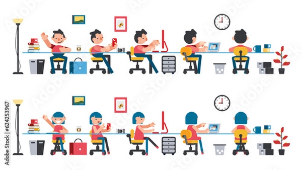 Obraz office worker act in a variety of ways Many scenes, sitting to work. Vector set illustration.