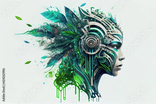 Fototapeta Realistic Artificial intelligence. Computer mind connections head. Human head with circuit board inside. Engineering concept. Technology web background. Virtual concept