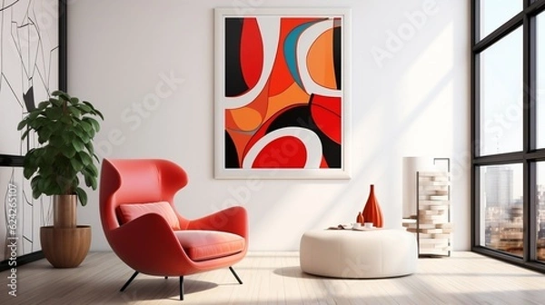 Fototapeta Red wingback chair and white sofa in bright room interior design of modern living room with abstract geometric shapes generative ai