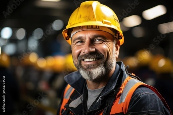 Fototapeta Senior male engineer worker working in a factory in break time. Mature male workers working and wearing safety uniforms, and helmets in industry factory