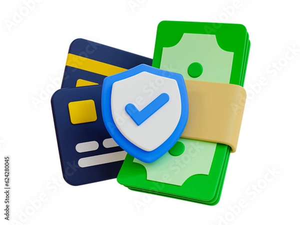 Fototapeta 3d minimal transaction security. financial protection. safety payment. banknotes with credit cards and shield. 3d illustration. 