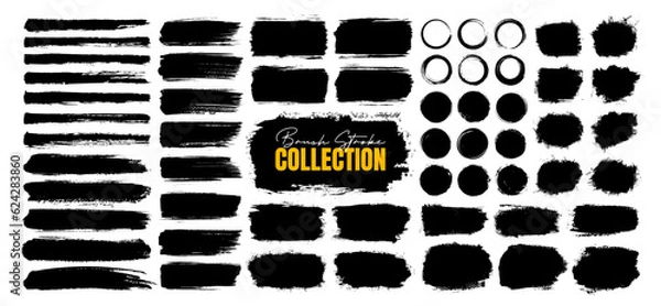 Fototapeta Big set of grunge paint brush stroke, grungy lines, frames, box and artistic design elements on white background. Ink splash, splatter and dirty watercolor texture for social media. Ornament design.
