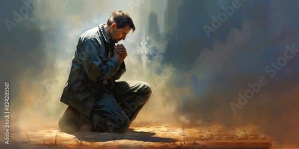 Fototapeta Man praying in front of a stormy sky with copy space