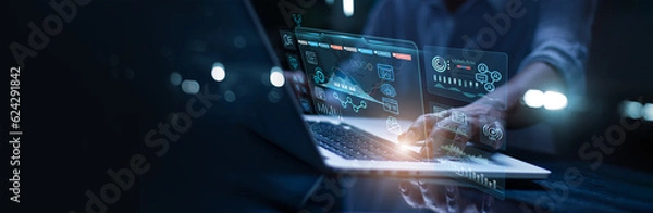 Obraz Marketing cyfrowy, analiza danych dla wydajności i tworzenie raportu wglądu, cel strategii marketingu cyfrowego i usługi za pośrednictwem cyfrowego kanału wyszukiwarek i danych danych w sieci społecznościowej