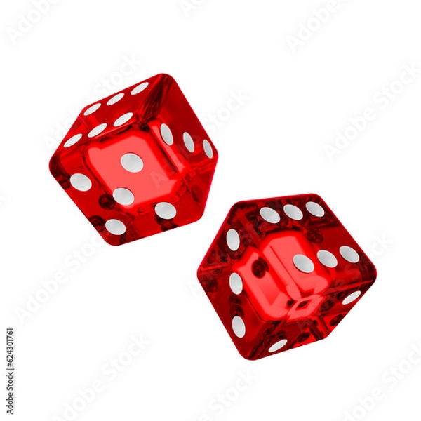 Fototapeta concept of gamble two red glass dice and white dot isolated on white background. red glass dice and white dot isolated. red glass dice isolated 3d render illustration