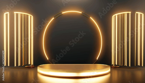 Fototapeta Gold empty podium floating in the air in dark scene with wall of line vertical gold neon lamps around
vector illustration