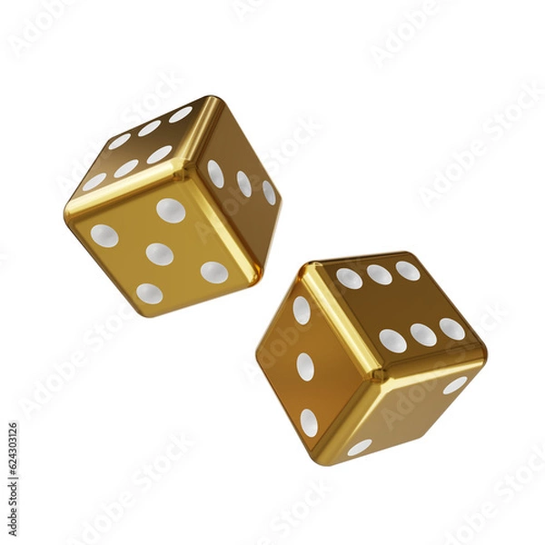 Fototapeta concept of gamble two gold dice and white dot isolated on white background. gold dice and white dot isolated. gold dice isolated 3d render illustration