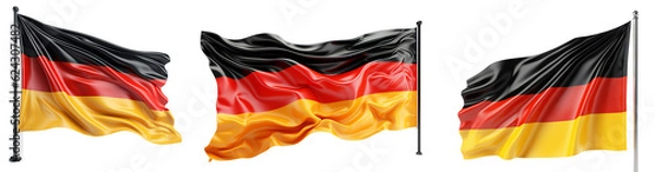 Fototapeta Set of flags of Germany. Germany symbols design elements. Large German flag waving in the wind. Isolated on a transparent background. KI.	