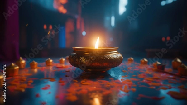 Fototapeta Happy Diwali, Glowing oil lamp - Generative AI