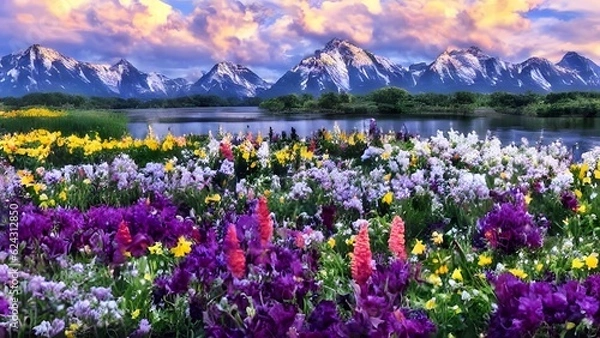 Fototapeta beautiful flower in front of camera with nice river and mountain - ai generated