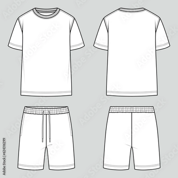 Fototapeta Unisex set. T-shirt round neck and sweat shorts with elastic waist. Oversize fit. Unisex style. Vector technical sketch. Mockup template.