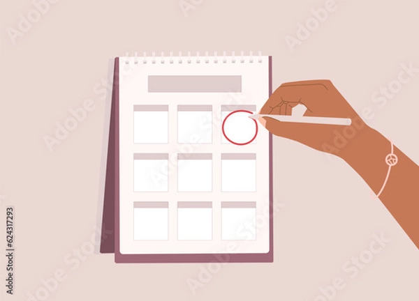 Fototapeta One Black Female’s Hand Using Pen To Draw A Circle Mark On A Blank Desktop Yearly Calendar. Close-Up. Flat Design Style, Character, Cartoon.