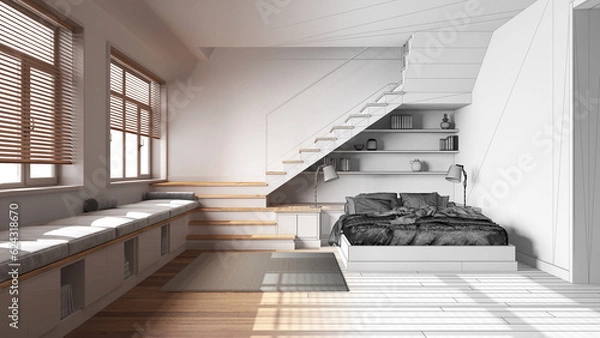 Fototapeta Architect interior designer concept: hand-drawn draft unfinished project that becomes real, wooden bedroom. Bed with duvet and pillows, staircase and windows. Scandinavian style