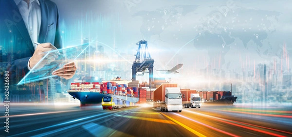 Fototapeta Technologia innowacji cyfrowa przyszłość logistycznego transportu frachtowego import koncepcja eksportu, menedżer korzystający z kontroli tabletu śledzeniem online dystrybucja dostaw na mapie świata miasta tło